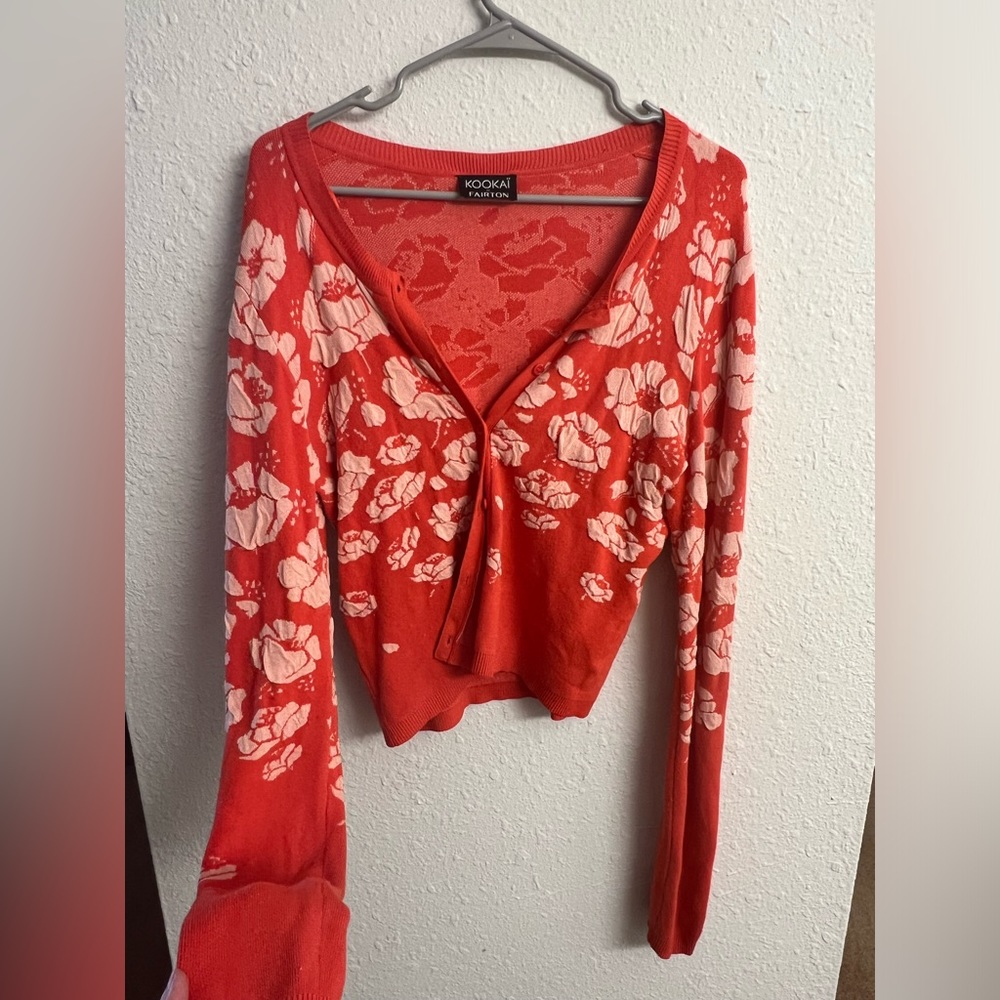 Orange floral spring knit cardigan